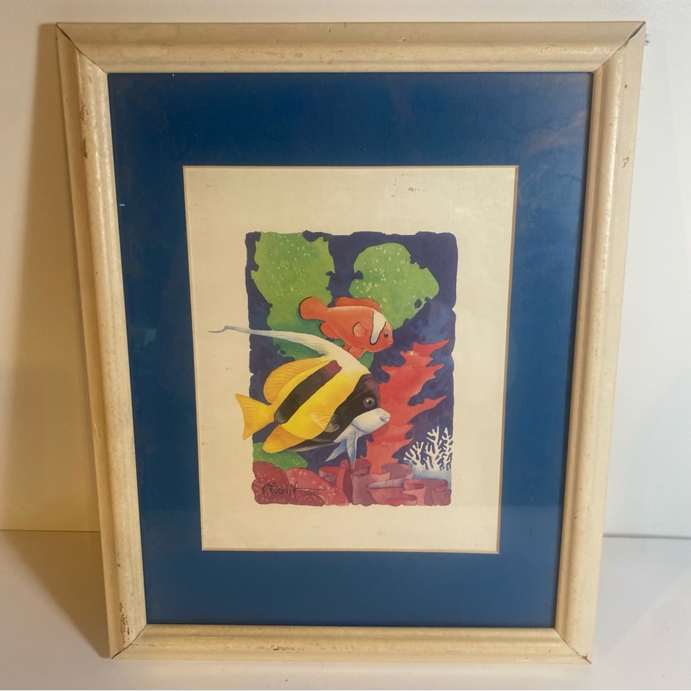 Vintage 1992 Paul Brent Signed Tropical Fish Watercolor Print In Frame 12”x15.5”